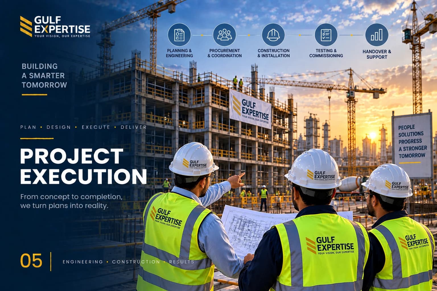 GEC project execution team reviewing plans at a construction site
